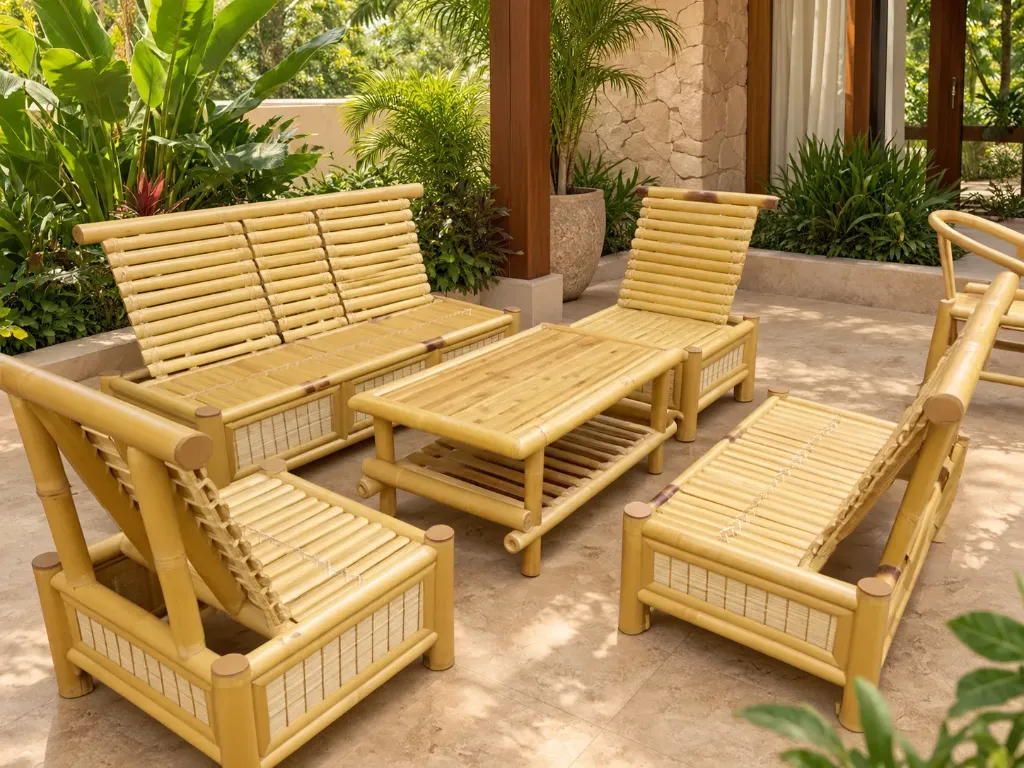 Yellow bamboo sofa combo with table